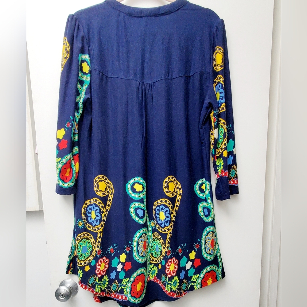 Reborn Navy Blue Floral Boho Hippie Pop Over A-line Dress Size XL New - Picture 5 of 10